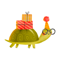 Cartoon turtle with gifts celebrates birthday. Collection. Hand drawn holiday illustration on isolated background png