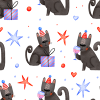 desatado fundo com uma Preto gato dentro uma festivo boné e com uma vidro do vinho e presentes. feliz aniversário. mão desenhado feriado ilustração em isolado fundo png