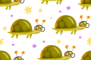 Seamless pattern with a cheerful cartoon turtle at a children's party. Happy birthday. Background. Hand drawn holiday illustration on isolated background png