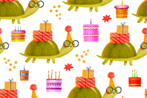 Seamless pattern with cheerful cartoon turtle with gifts and cake. Happy birthday. Background. Hand drawn holiday illustration on isolated background png