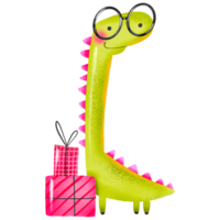 Green cartoon dinosaur wearing glasses and holding gift boxes celebrating birthday. Hand drawn holiday illustration on isolated background png