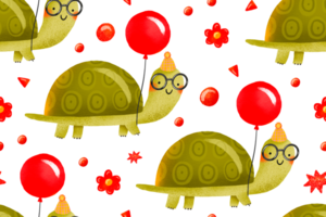 Seamless pattern with a cheerful cartoon turtle with a red balloon. Happy birthday. Background. Hand drawn holiday illustration on isolated background png