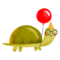 Cartoon turtle with a red balloon celebrating birthday. Collection. Hand drawn holiday illustration on isolated background png