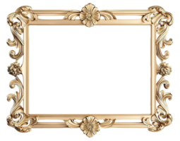 Luxurious wide frame in gold leaf finish, ornate rococo elements for elegant interior design, Rectangular gold frame, baroque luxury, carved details, vintage golden frame png