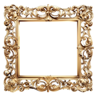 Rectangular gold frame, baroque luxury, carved details, vintage golden frame, isolated on transparent background png
