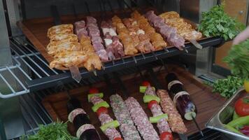 A tray of kebabs with meat and veggies a delicious dish on the table video