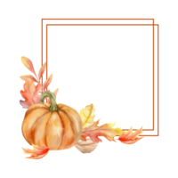 Orange pumpkin with autumn colorful leaves square frame. Cozy fall floral banner for invitation, greeting card, label design. Harvest season decor template png