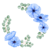 ein elegant kreisförmig Rahmen zusammengesetzt von Blau Anemonen und anmutig Eukalyptus Geäst. zum Hinzufügen Raffinesse Einladungen, Gruß Karten, Plakate und Sozial Medien Grafik png