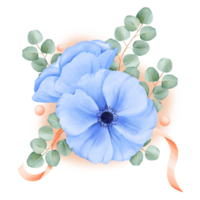 A watercolor arrangement blue anemones and eucalyptus leaves, enhanced with satin ribbons and rhinestones. for elevating wedding invitations, floral branding, digital backgrounds and creative projects png