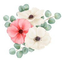 een waterverf samenstelling met wit en roze anemonen, versierd met eucalyptus bladeren. voor bruiloft uitnodigingen, evenement decoraties, botanisch thema ontwerpen, digitaal artwork en decoratief ambachten png