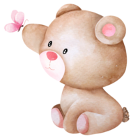 Watercolor teddy bear hand drawn illustration.Bear brown and butterfly decorate card for valentines day gifts. png