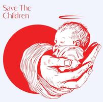 a red and white poster with a baby holding a baby and a heart with the words save the children. vector