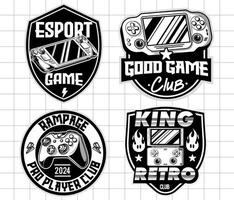 Gaming badge logo design set. Vintage monochrome game emblems illustrations vector