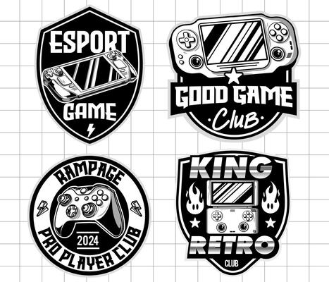 Gaming badge logo design set. Vintage monochrome game emblems illustrations