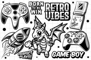 Gaming retro set of objects. Classic retro console gaming illustration in graffiti style vector