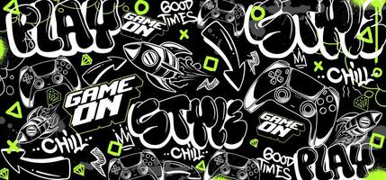 Gaming background and illustrations. Retro game elements in graffiti style vector