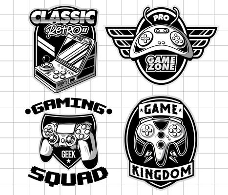Gaming badge logo design set. Vintage monochrome game emblems illustrations