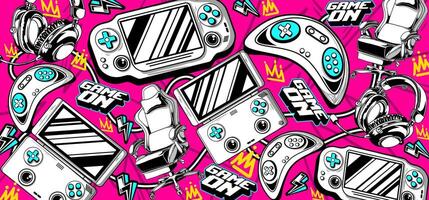 Gaming background and illustrations. Retro game elements in graffiti style vector