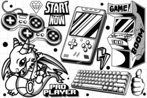 Gaming retro set of objects. Classic retro console gaming illustration in graffiti style vector