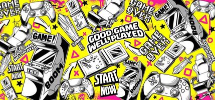 Gaming background and illustrations. Retro game elements in graffiti style vector