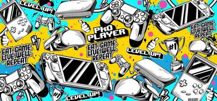 Gaming background and illustrations. Retro game elements in graffiti style vector