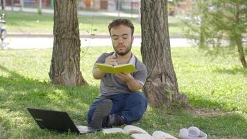 universitet dvärg- studerande studerar i de parkera lösning frågor. video