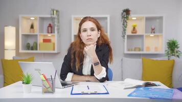 Home office worker woman getting bad news from camera. video