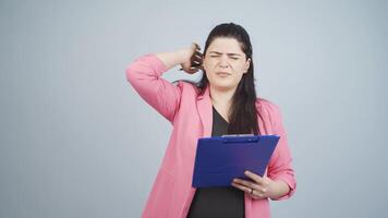 Business woman smelling sweat expressing negative at camera. video