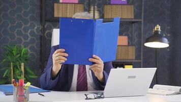 Cheerful businessman working on files. video