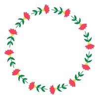Round Hand drawn floral frame or border with place text, quote or logo in flat style. Doodle spring Wreath made of pink flowers in circle. Minimalist botanical element branches vector
