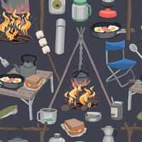 Camping kitchen seamless pattern. Ornament of outdoor kitchenware, campfire supplies. design in cartoon style. vector