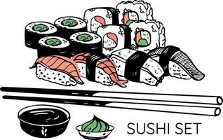 Sushi asiático pescado comida mano dibujado conjunto con plato palillos y soja salsa aislado en blanco vector