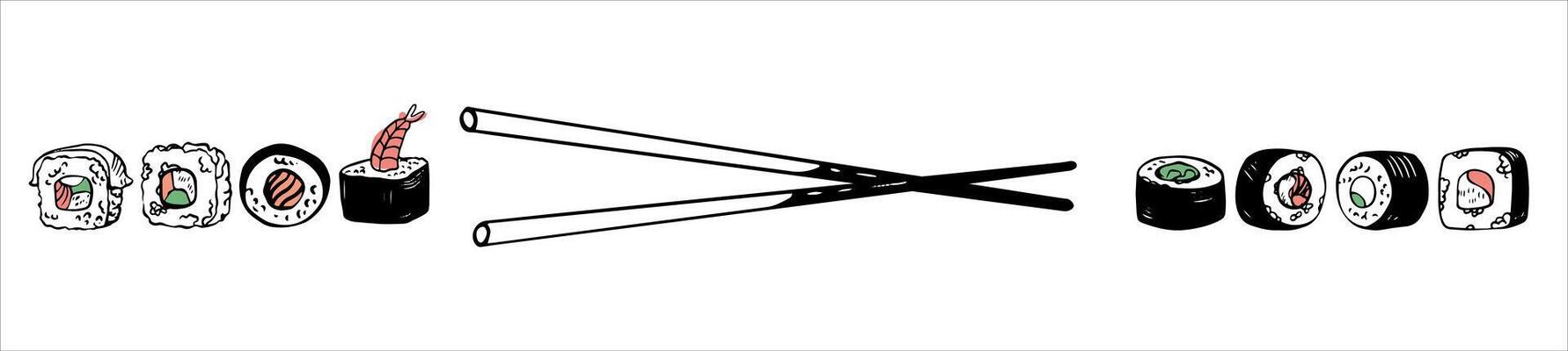 horizontal banner of Japanese sushi set hand drawn doodle style isolated on white background