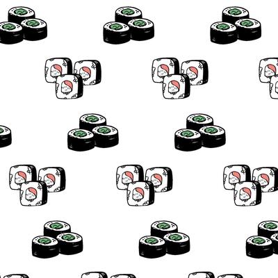 Japanese various sushi maki seamless pattern line art design on white background