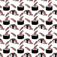Japanese shrimp roll and nigiri seamless pattern line art design on white background vector