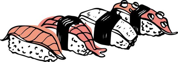 Set of sushi nigiri hand drawn doodle style side view isolated on white background vector