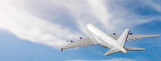 blanco pasajero avión volador en el cielo increíble nubes en el antecedentes - viaje por aire transporte. foto