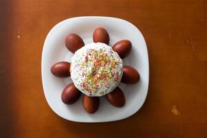 Easter cake and painted eggs photo