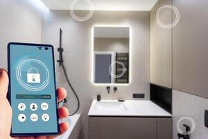 All the house in a phone. Close up of young woman user hands controlling electronic objects in modern luxury studio apartment via smart home interface on cell screen. Internet of things ios technology photo