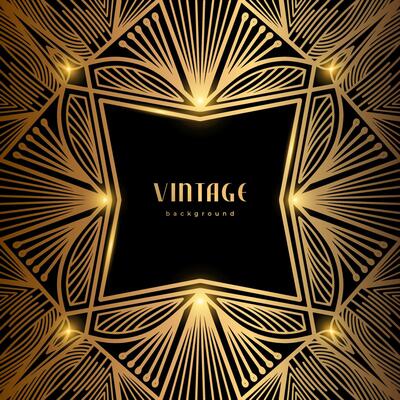 Luxury geometric linear template. Golden vintage frame. Art deco style gold background for banner, poster, cover. Retro line art with glitter, shine. Abstract minimalist gatsby style pattern