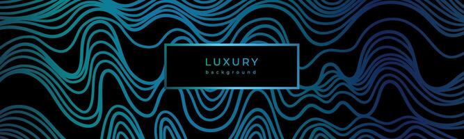 Luxury wavy linear banner. Shiny blue waves on black background. Swirl pattern. Template with gradient lines. Decorative stormy sea, ocean. Curved lines. Water texture vector