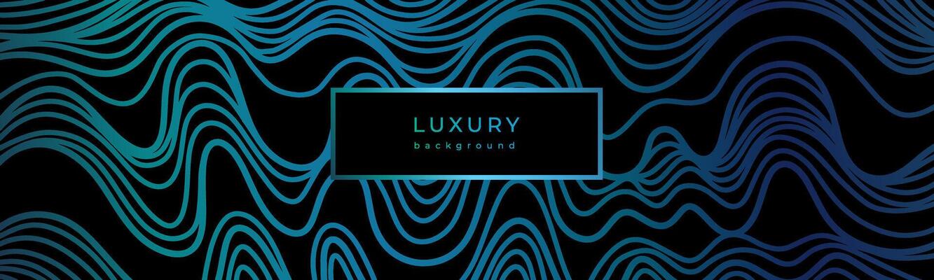 Luxury wavy linear banner. Shiny blue waves on black background. Swirl pattern. Template with gradient lines. Decorative stormy sea, ocean. Curved lines. Water texture
