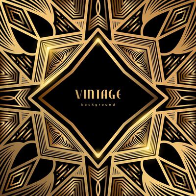 Luxury geometric linear template. Golden vintage frame. Art deco style gold background for banner, poster, cover. Retro line art with glitter, shine. Abstract minimalist gatsby style pattern