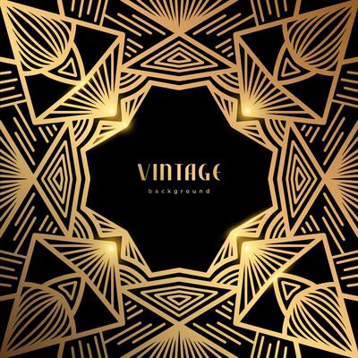 Luxury geometric linear template. Golden vintage frame. Art deco style gold background for banner, poster, cover. Retro line art with glitter, shine. Abstract minimalist gatsby style pattern