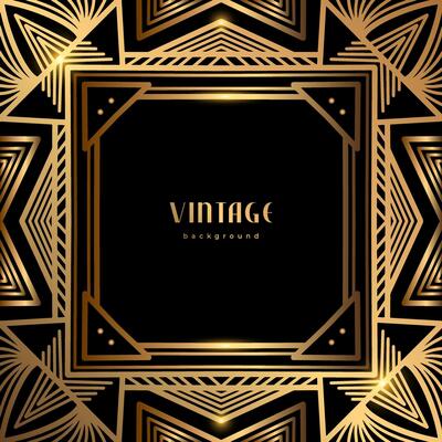Luxury geometric linear template. Golden vintage frame. Art deco style gold background for banner, poster, cover. Retro line art with glitter, shine. Abstract minimalist gatsby style pattern