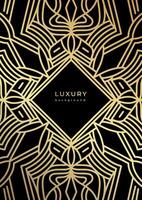 Luxury geometric linear template. Golden lines. Black background with gold outline elements. Shiny stroke. Abstract minimalist gatsby style poster. Art deco banner, placard, cover vector