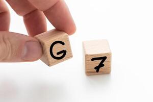 Human hand put wooden block and set technology word G7. Network future. High speed of mobile internet photo