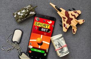 Gambling concept image suggesting the idea of playing slots, poker and roulette games at top online casino sites in Belgium using mobile devices. 3D Rendered illustration on light background photo