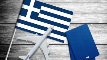 Illustration of a passenger plane flying over the flag of Greece. Concept of tourism and travel photo