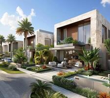 AI Generated 3D visualization of an elite house with a swimming pool. Beautiful facade of the house with a porcelain stoneware finish. Plot with landscaping photo